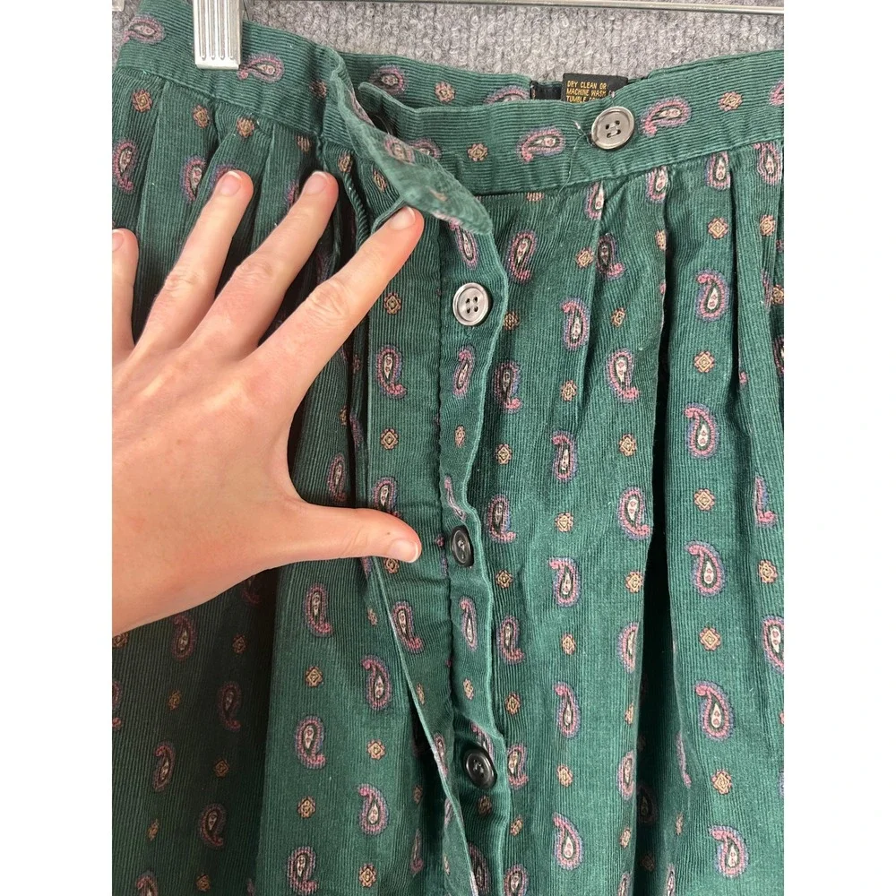 Vintage Eddie Bauer Midi Skirt Green Paisley Corduroy Button‎ Front Size 0/2